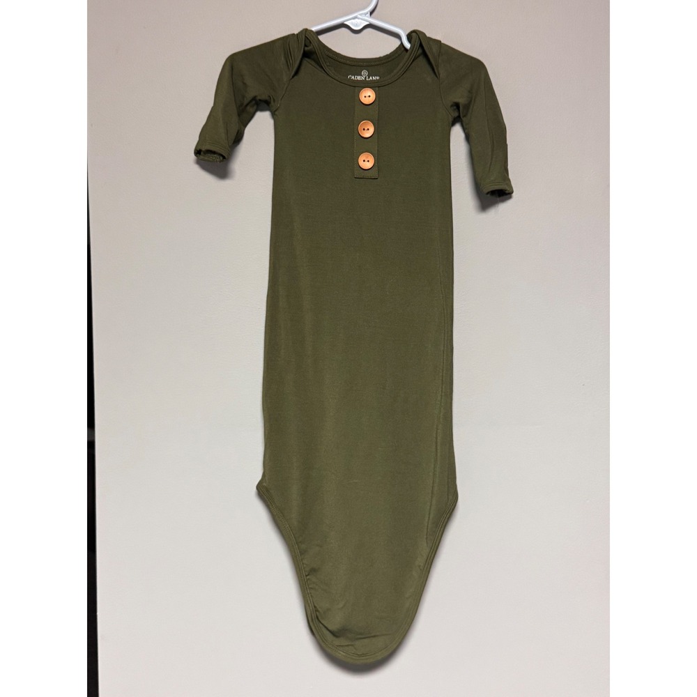 Caden Lane Knotted Baby Gown Olive Green Bamboo Henley Mitten Cuffs 7-14lbs